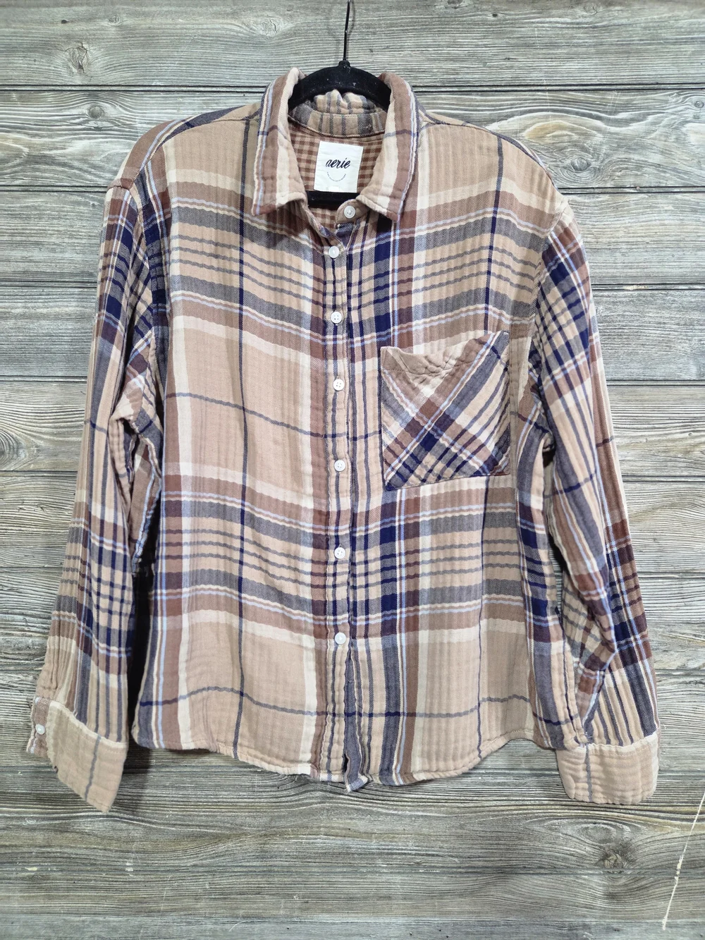 Aerie Women's Size Large Plaid 2 Piece 100% Cotton Shirt Shorts Lounge Set